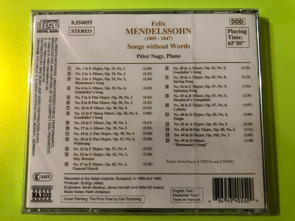 Felix Mendelssohn: Songs Without Words (Selection) – Naxos CD (636943405529) 