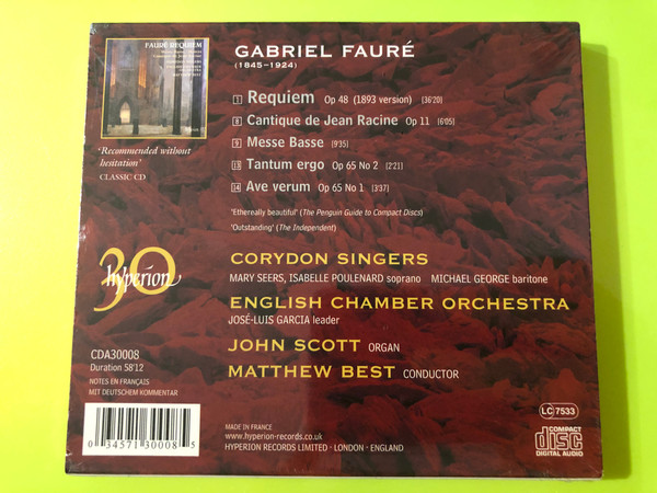 Fauré: Requiem & Sacred Works by Corydon Singers - Hyperion 30th Anniversary CD (034571300085)