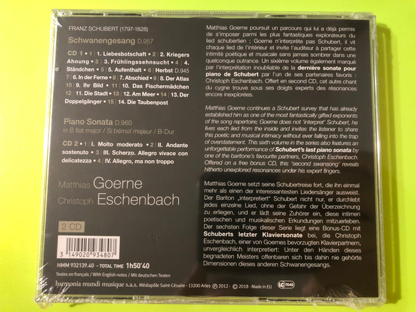 Matthias Goerne - Schubert: Schwanengesang & Piano Sonata D.960 Harmonia Mundi 2-CD (3149020934807)