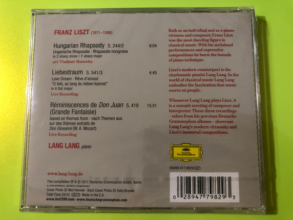 Lang Lang Liszt Selections Deutsche Grammophon Music CD (028947798293)