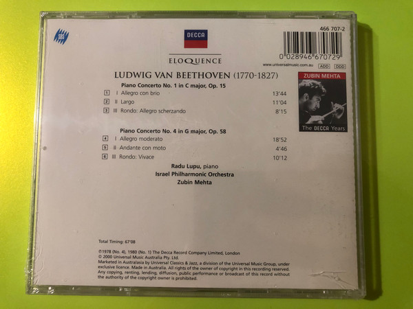 Beethoven: Piano Concertos Nos. 1 & 4 – Radu Lupu & Zubin Mehta Decca CD (028946670729)