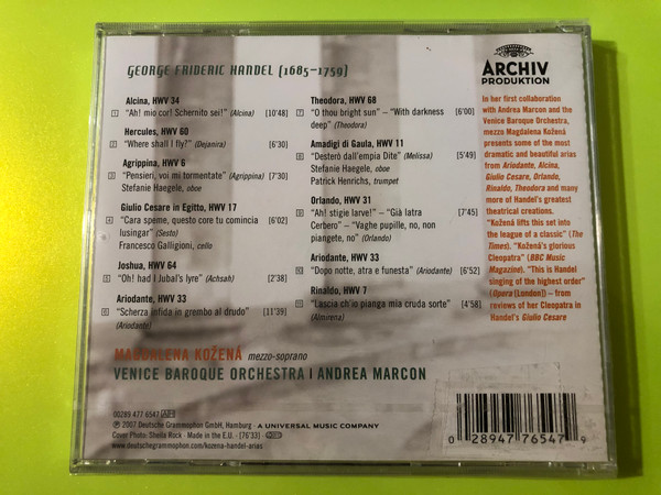 Ah! Mio Cor: Handel Arias CD Archiv Produktion Magdalena Kožená (028947765479.)