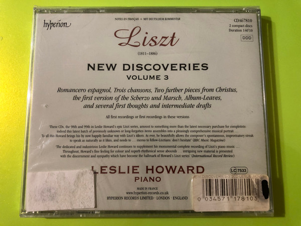 Liszt: New Discoveries Volume 3 – Leslie Howard Hyperion 2-CD Set (034571178103.)