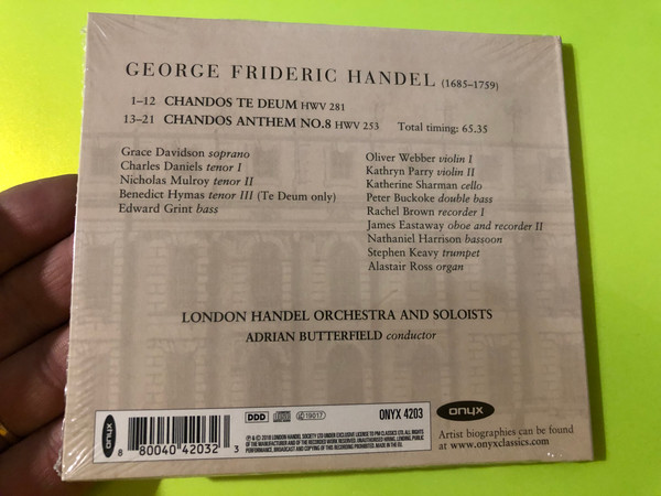 George Frideric Handel: Chandos Te Deum & Anthem No. 8 CD by Onyx Classics (880040420323)