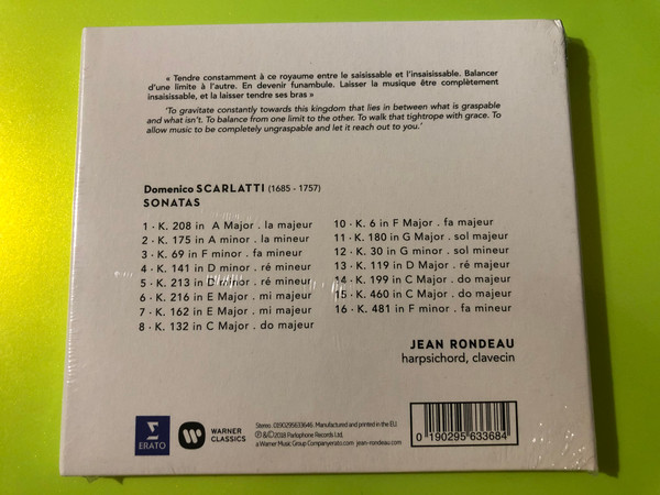Domenico Scarlatti: Sonatas Harpsichord CD by Jean Rondeau & Erato (0190295633684)