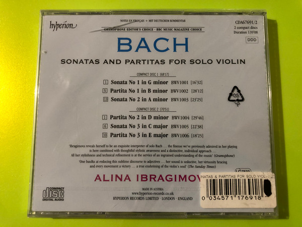 Bach: Sonatas and Partitas for Solo Violin – Alina Ibrahimova 2-CD Set by Hyperion (0034571176918)