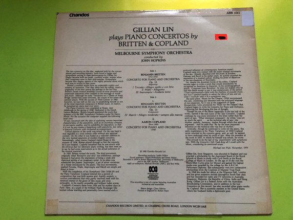 Gillian Lin Plays Britten & Copland Piano Concertos: Chandos Vinyl LP (GillianLin)