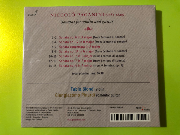 Niccolò Paganini: Sonatas for Violin and Guitar – Glossa Music CD (8424562234109)