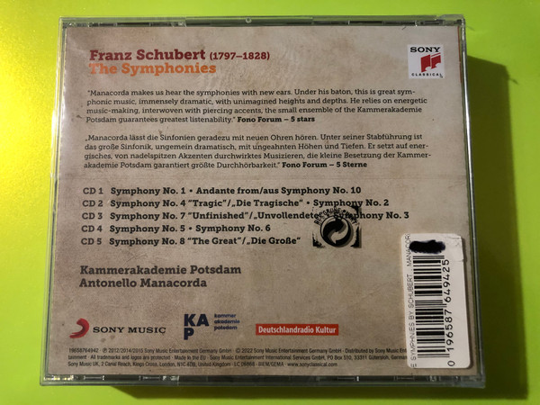 Sony Classical Franz Schubert: The Symphonies 5 CD Box Set - Antonello Manacorda (196587649429)