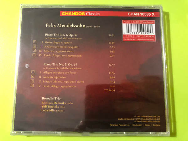 Chandos Classics Mendelssohn: Piano Trios Nos 1 and 2 Borodin Trio CD (095115153529)