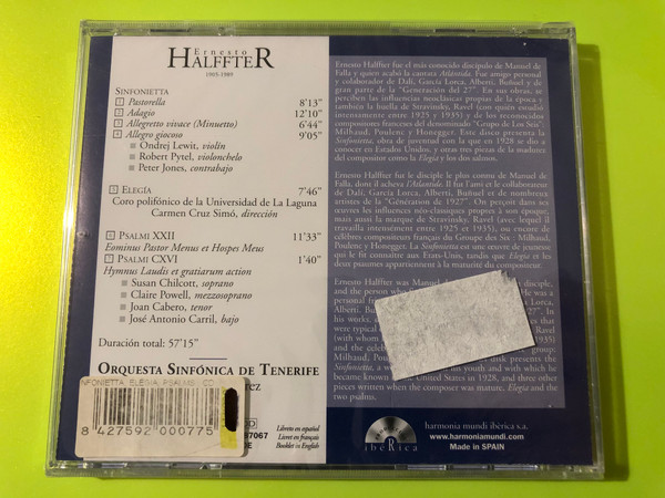 Ernesto Halffter Harmonia Mundi Sinfonietta, Elegía & Psalmi CD (8427592000775)