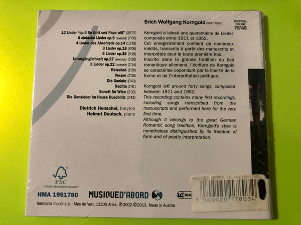 Erich Wolfgang Korngold Harmonia Mundi Lieder Dietrich Henschel CD (3149020178034)