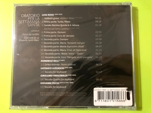 Etcetera Records - Luigi Rossi Oratorio per la Settimana Santa Baroque CD (8711801015866)
