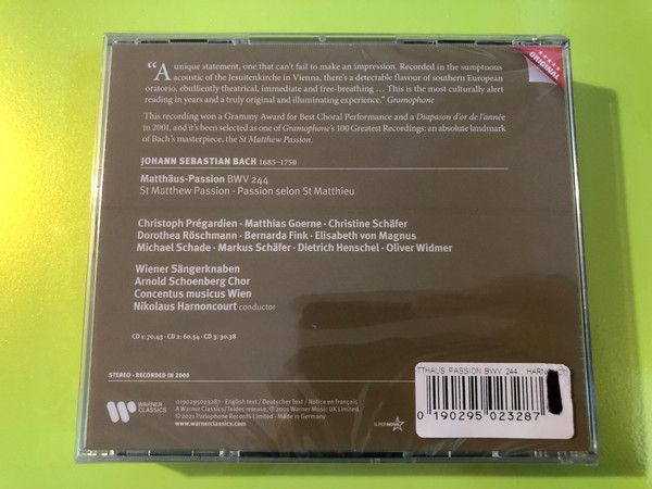 J.S. Bach Matthäus-Passion Harnoncourt Warner Classics 3CD Set (0190295023287)