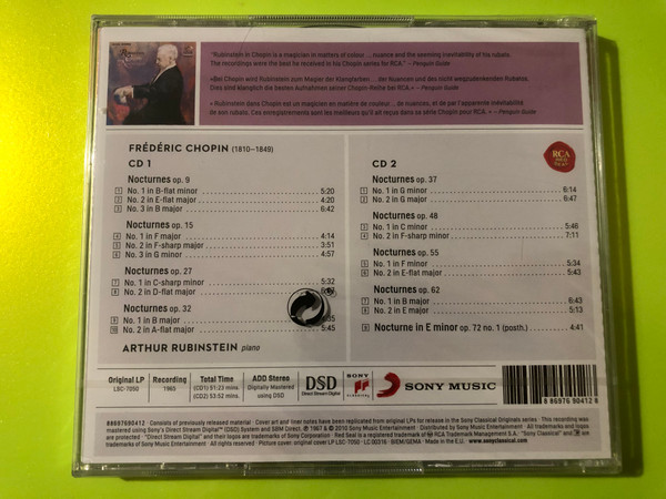 RCA Victor Rubinstein: Chopin The Nocturnes 2-CD Audio Set (886976904128)