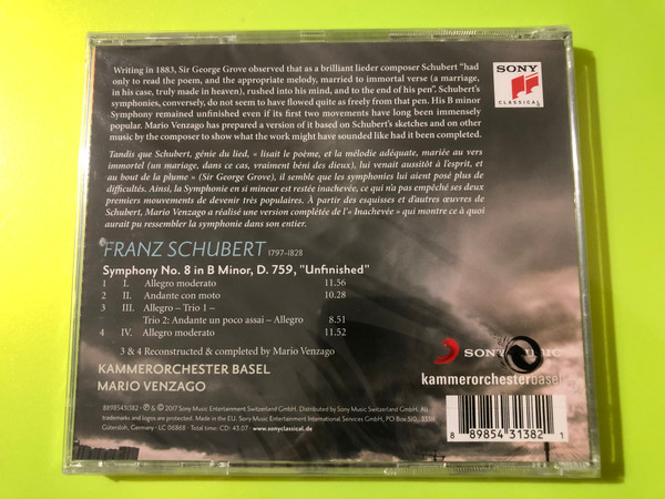Schubert: The Finished "Unfinished" Sony Classical Audio CD (889854313821)