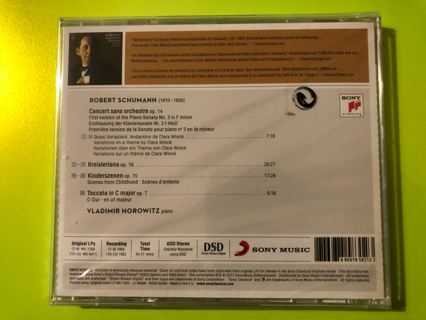 Vladimir Horowitz Plays Robert Schumann: Sony Classical Masterworks Audio CD (886978583123.)