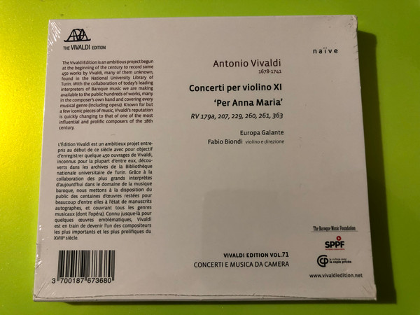 Naïve Vivaldi: Concerti per violino XI ‘Per Anna Maria’ Music CD - Fabio Biondi & Europa Galante (3700187673680)