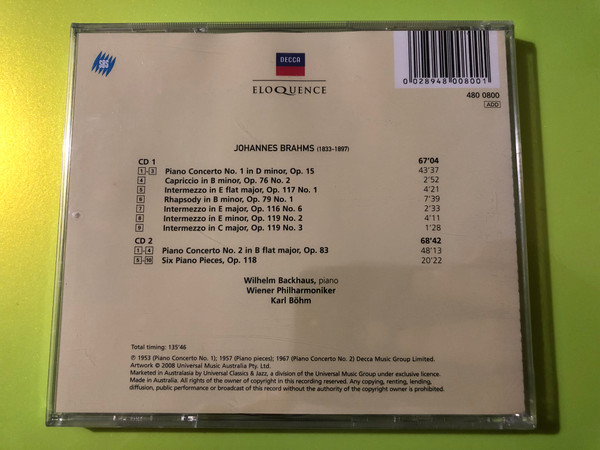 Brahms: Piano Concertos Nos. 1 & 2 & Piano Pieces Classical Audio CD Decca Eloquence (0028948008001)