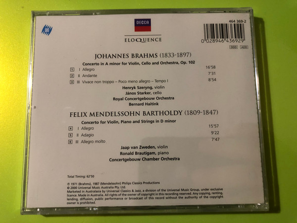 Brahms & Mendelssohn: Double Concertos Classical Audio CD Decca Eloquence (0028946436929)
