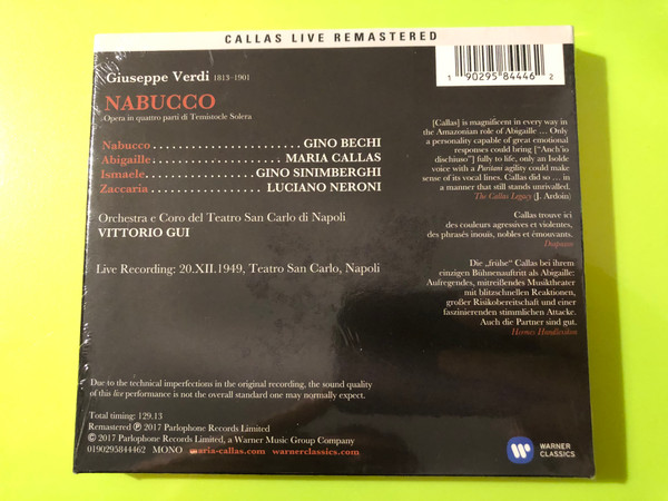 Warner Classics Verdi Nabucco Maria Callas 2-CD Live Opera Set (0190295844462)