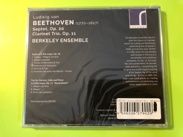 Resonus Classics: Ludwig van Beethoven — Septet Op. 20 & Clarinet Trio Op. 11 / Berkeley Ensemble (Audio CD)
