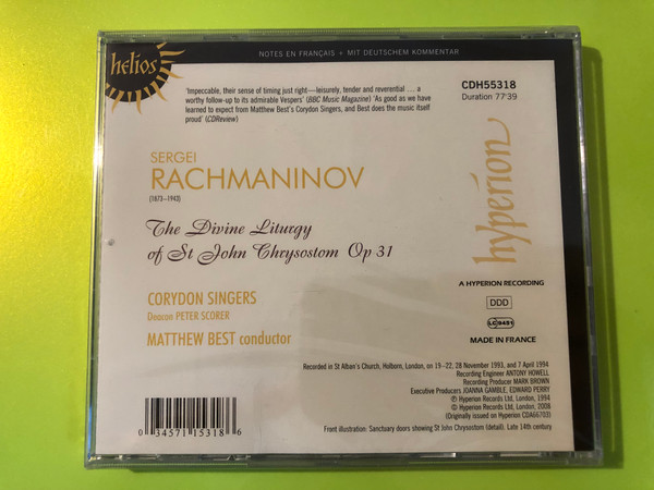 Helios: Rachmaninov — The Divine Liturgy of St John Chrysostom, Op. 31 / Corydon Singers · Matthew Best (Audio CD) (0034571153186) 