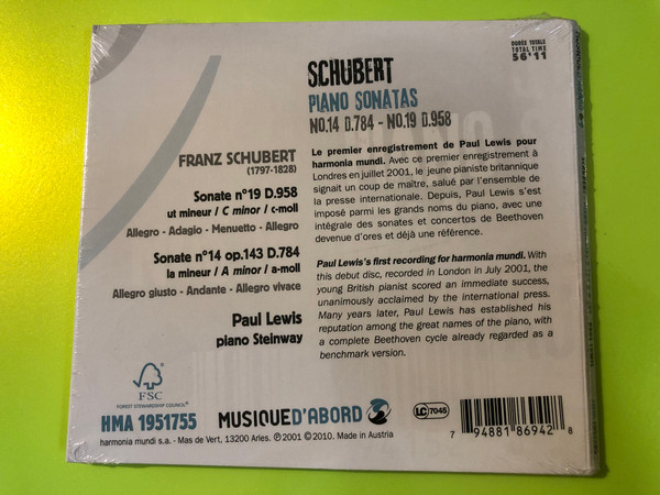 Harmonia Mundi: Paul Lewis — Schubert: Piano Sonatas No. 14 D.784 & No. 19 D.958 CD (794881869428) 