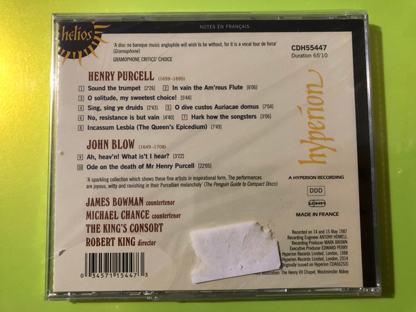 Helios: Purcell and Blow — Countertenor Duets (Bowman, Chance, The King's Consort) (Audio CD) (034571154473) 