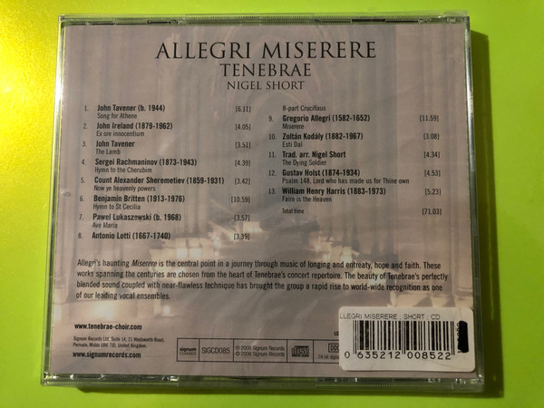 Signum Classics: Tenebrae — Allegri Miserere (Audio CD) (0635212008522) 