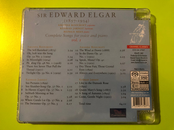 Channel Classics: Edward Elgar — Complete Songs for Voice and Piano, Vol. 1 (Hybrid SACD) (723385275077) 
