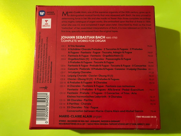 J.S. Bach — Complete Works for Organ (Marie-Claire Alain), Erato / Warner Classics (15 CD) (0190295634537) 