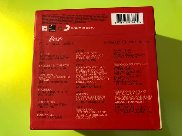 Chopin 200: Great Recordings, Sony Classical (15 CD Box Set) (88697577072) 