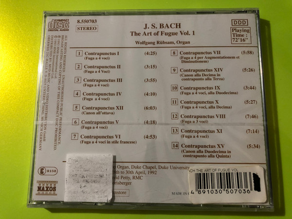 J.S. Bach: The Art of Fugue Vol. 1 – Wolfgang Rübsam, Naxos (Organ CD) (4891030507036) 