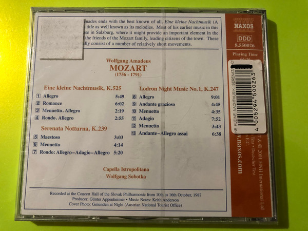 Mozart: Eine kleine Nachtmusik, Serenata Notturna & Lodron Night Music No. 1 – Capella Istropolitana, Naxos (CD) (4005294500263) 