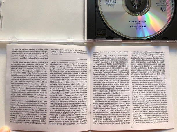 Bartók - Sonatas For Violin Solo Sz. 117, Sonatas For Violin And Piano (1903) / Vilmos Szabadi (violin), Márta Gulyás (piano) / Hungaroton Classic Audio CD 1995 Stereo / HCD 31558