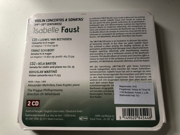 ‘Violin Concertos & Sonatas’ - Isabelle Faust - Beethoven, Schubert, Bartók, Martinů / Initiales / Harmonia Mundi 2x Audio CD 2011 / HMX 2908454.55 