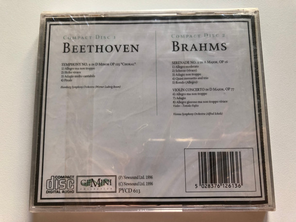 Beethoven, Brahms / Including: Symphony No. 9 In D Minor Op 125 'Choral', Serenade No. 2 In A Major, Op. 16, Violin Concerto In D Major, Op 77 / Gemini Collection 2x Audio CD 1996 / PYCD 613