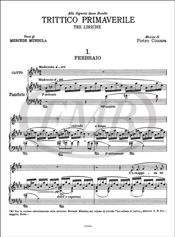 Cimara, Pietro: Trittico primaverile / Tre liriche per canto e pianoforte. Versi di Mercede M?ndula / Ricordi / 2018