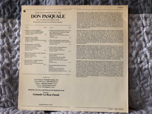 Gaetano Donizetti: Don Pasquale - Dorala Gatta, Fernando Corena, Agostino Lazzari, Afro Poli, Del Signore, Chor und Orchester Der Mailander Scala, Dirigent: Armando La Rosa Parodi / BASF LP 1975 / 10 22323-3