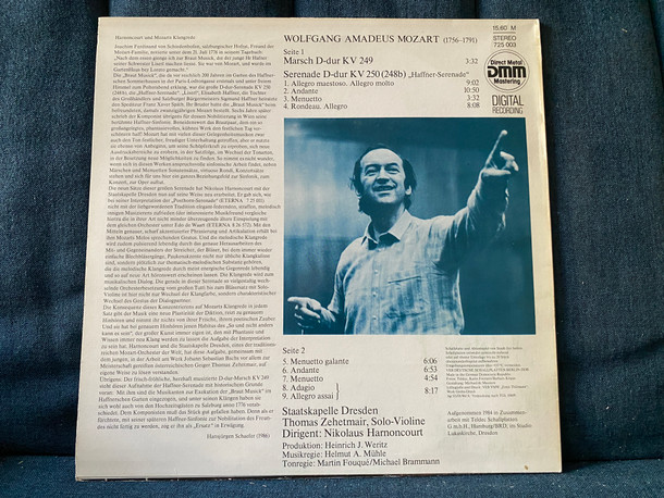 Harnoncourt Dirigiert Mozart: Haffner-Serenade KV 250 - Staatskapelle Dresden / ETERNA LP Stereo 1986 / 725 003