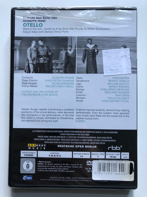 Giuseppe Verdi - Otello (Deutsche Oper Berlin, 1962) - DVD (0807280164497)