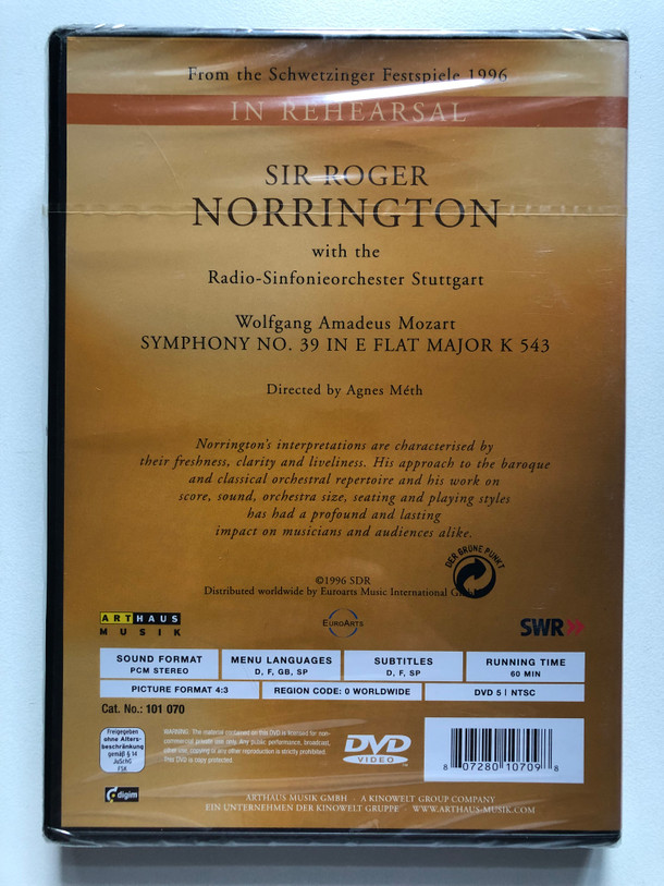 Wolfgang Amadeus Mozart: Symphony No. 39 in E-Flat Major, K. 543 - Sir Roger Norrington DVD (807280107098)