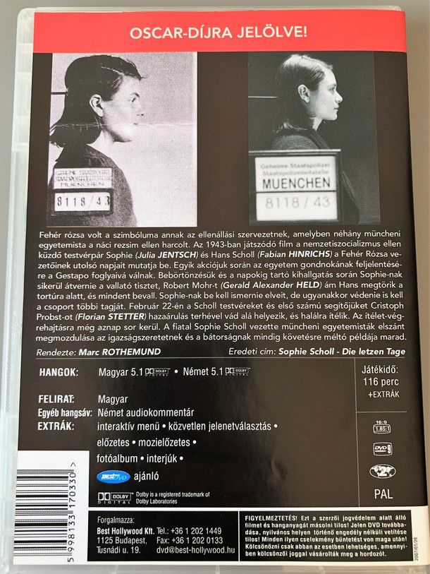 Sophie Scholl - Die letzten Tage DVD 2005 / Sophie Scholl - Aki szembeszállt Hitlerrel / German historical drama film directed by Marc Rothemund and written by Fred Breinersdorfer / The Final Days (5998133170330)