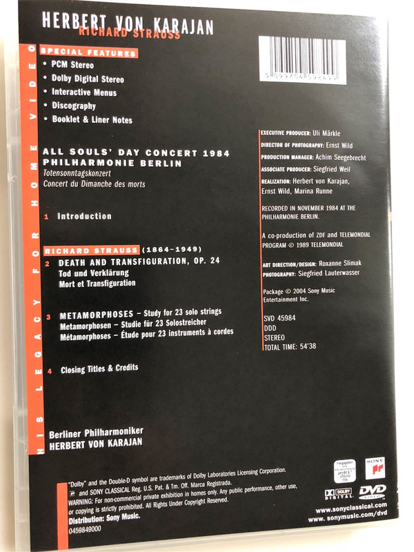 Richard Strauss / Death and Transfiguration, Metamorphoses DVD 2004 / Herbert Von Karajan / Berliner Philharmoniker / 1984 Concert All Souls' day, Berlin (5099704598499)