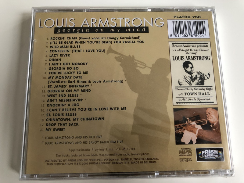 Luis Armstrong - Georgia on my mind / The Great Satchmo / The Jazz master series / AUDIO CD 2002 / Featuring: ST. Louis blues, Confessin', Dinah, Rockin' Chair, I Aint got nobody (5014293675024) 