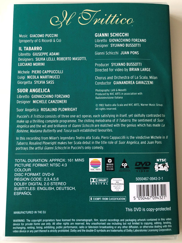 Il Trittico - Giacomo Puccini DVD 2004 The Triptych - Giacomo Puccini / Directed by Brian Large / Giacomo Puccini's 3 operas / 1983 Teatro Alla Scala (5050467094321)