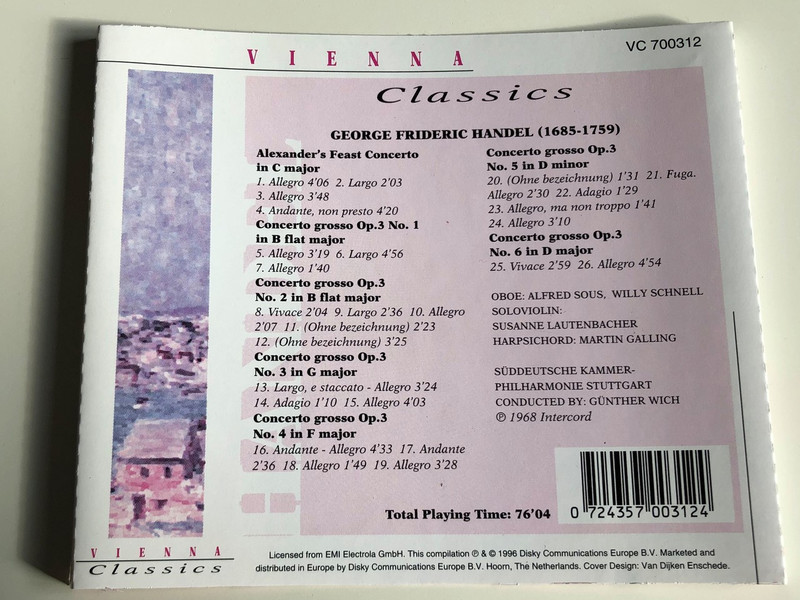  Vienna Classics Handel - Alexander's Feast Concerti Grossi Op. 3 Nos. 1-6 (0724357003124) 