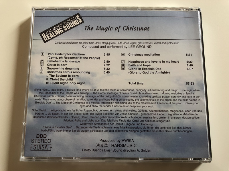 HARMONY WORLD TRANSMUSIC / HEALING SOUNDS - The Magic of Christmas / Meditation / AUDIO CD 1994 / Composed and performed by Lee Ground / Christmas Meditation for small bells, string quartet, flute, oboe, organ, glass vessels, vocals & synthesizer (TheMagicofChristmas)