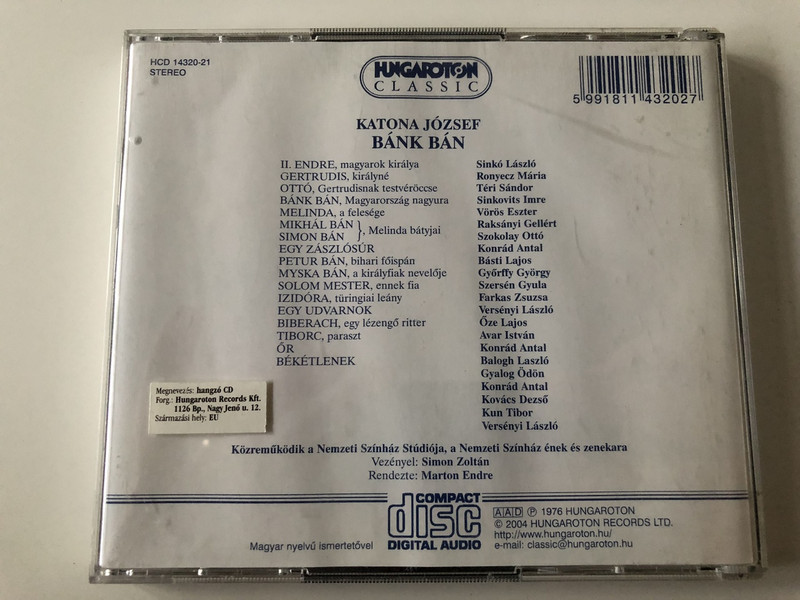  Katona József: Bánk Bán CD 2004 / Directed by Marton Endre / Téri Sándor, Ronyecz Mária, Sinkó László, Sinkovits Imre, Vörös Eszter / Music by Simon Zoltán / Hungaroton HCD 14320-21 / 2 CD (59991811432027)